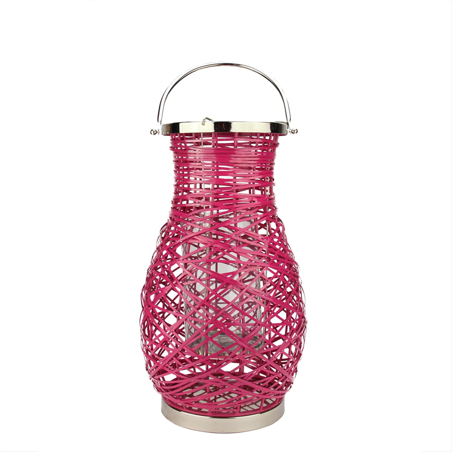 18.5" Modern Fuchsia Pink Decorative Woven Iron Pillar Candle Lantern with Glass Hurricane