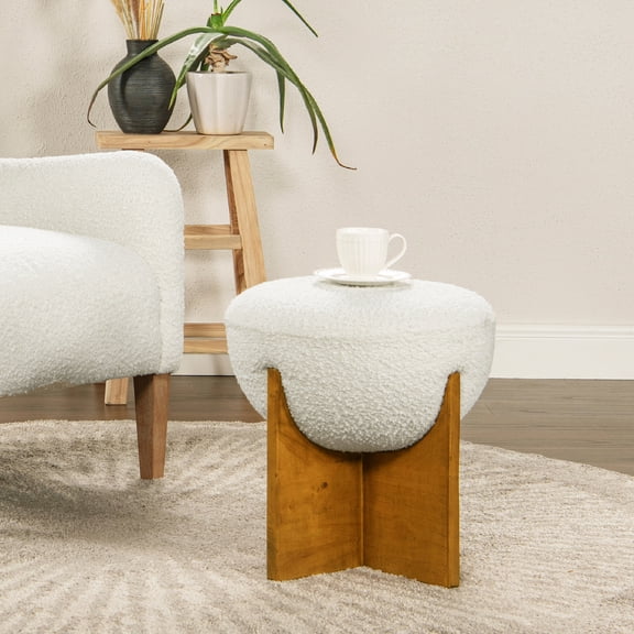 18.5" Round Boucle Ottoman with 11 - layer Plywood / Can Be Used as End Table