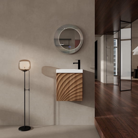 18.5" Wall-Mounted Bathroom Vanity with Resin Sink, Soft Close Single Door, Space Saving Bathroom Cabinet Set, MDF, Natural Wood Finish