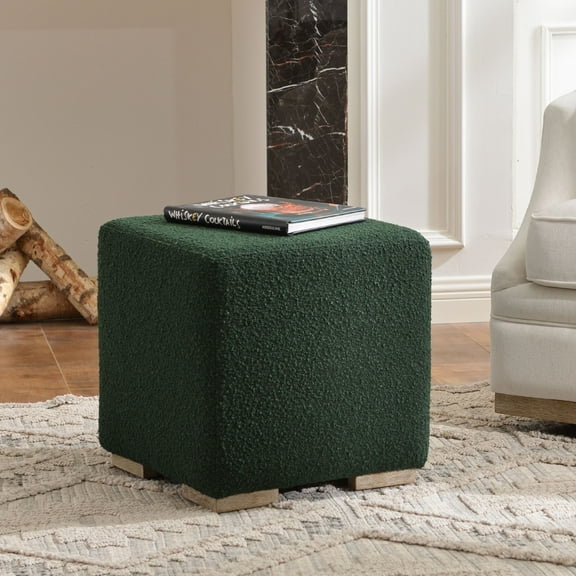 18.5" Wide Modern Square Boucle Upholstered Ottoman with Solid Wood Legs, Multi-Functional Sofa Footrest, Side Table, Extra Seating for Living Room, Bedroom, Fully Assembled (Green)