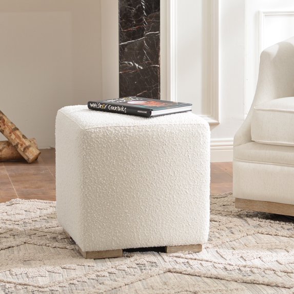 18.5" Wide Modern Square Boucle Upholstered Ottoman with Solid Wood Legs, Multi-Functional Sofa Footrest, Side Table, Extra Seating for Living Room, Bedroom, Fully Assembled (White)