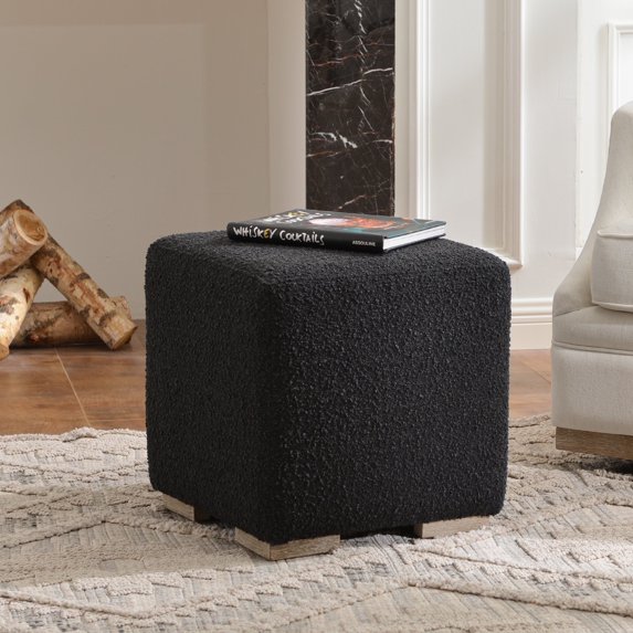 18.5" Wide Modern Square Boucle Upholstered Ottoman with Solid Wood Legs, Multi-Functional Sofa Footrest, Side Table, Extra Seating for Living Room, Bedroom, Fully Assembled (Black)
