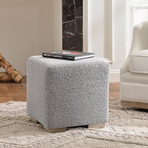 18.5" Wide Modern Square Boucle Upholstered Ottoman with Solid Wood Legs, Multi-Functional Sofa Footrest, Side Table, Extra Seating for Living Room, Bedroom, Fully Assembled (Gray)