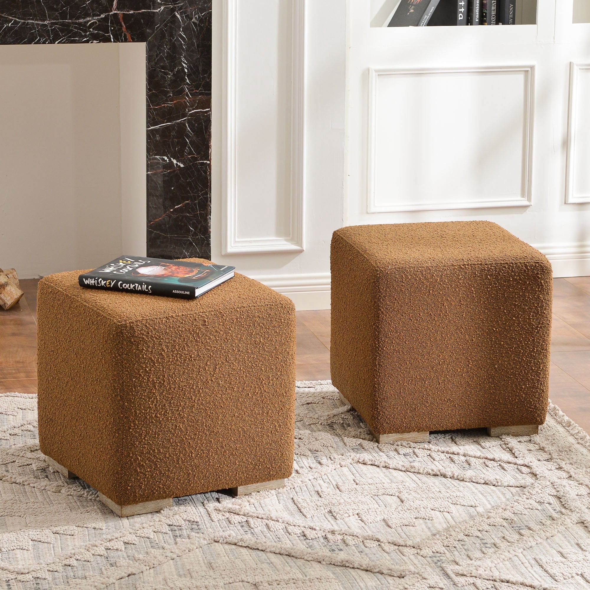 18.5" Wide Modern Square Boucle Upholstered Ottoman with Solid Wood Legs Set of 2, Multi-Functional Sofa Footrest, Side Table, Extra Seating for Living Room, Bedroom, Fully Assembled (Brown)
