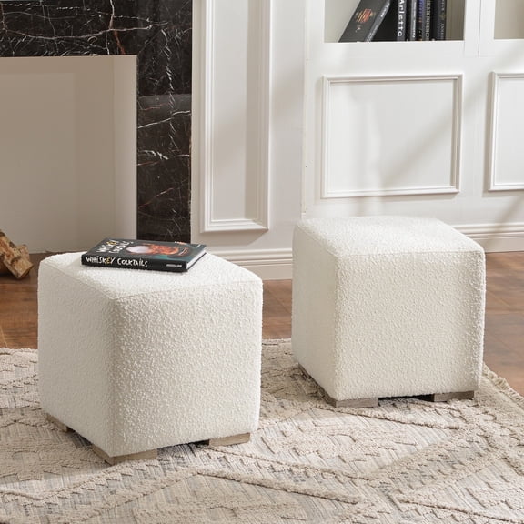 18.5" Wide Modern Square Boucle Upholstered Ottoman with Solid Wood Legs Set of 2, Multi-Functional Sofa Footrest, Side Table, Extra Seating for Living Room, Bedroom, Fully Assembled (White)