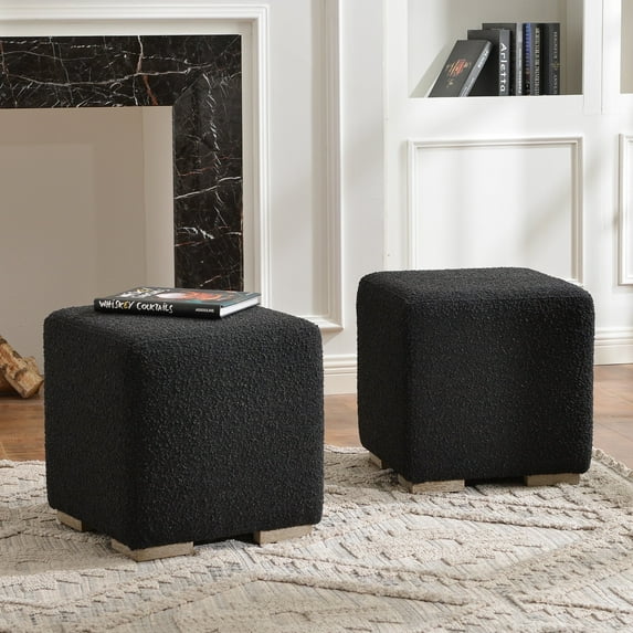 18.5" Wide Modern Square Boucle Upholstered Ottoman with Solid Wood Legs Set of 2, Multi-Functional Sofa Footrest, Side Table, Extra Seating for Living Room, Bedroom, Fully Assembled (Black)