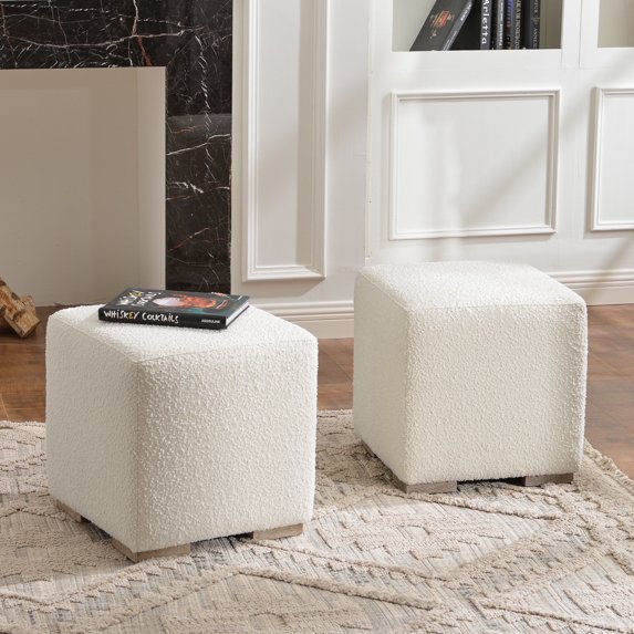 18.5" Wide Modern Square Boucle Upholstered Ottoman with Solid Wood Legs Set of 2, Multi-Functional Sofa Footrest, Side Table, Extra Seating for Living Room, Bedroom, Fully Assembled (White)