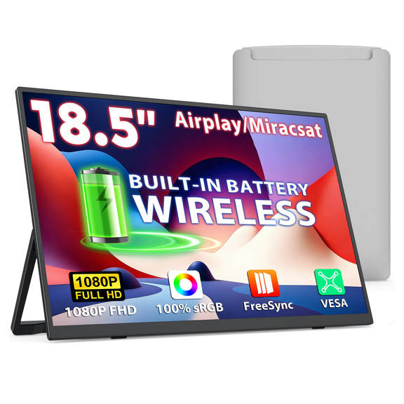 18.5" Wireless Portable Monitor for Laptop,FHD 1080P IPS USB-C & Mini HDMI,Built-in 10000mAh Battery,Auto Rotation,Travel Monitor with Protective Sleeve,Second Screen