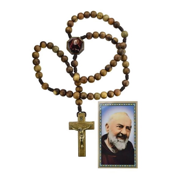 18.5 in. Brown Brazillian Wood Padre Pio Wood Rosary with Holy Card