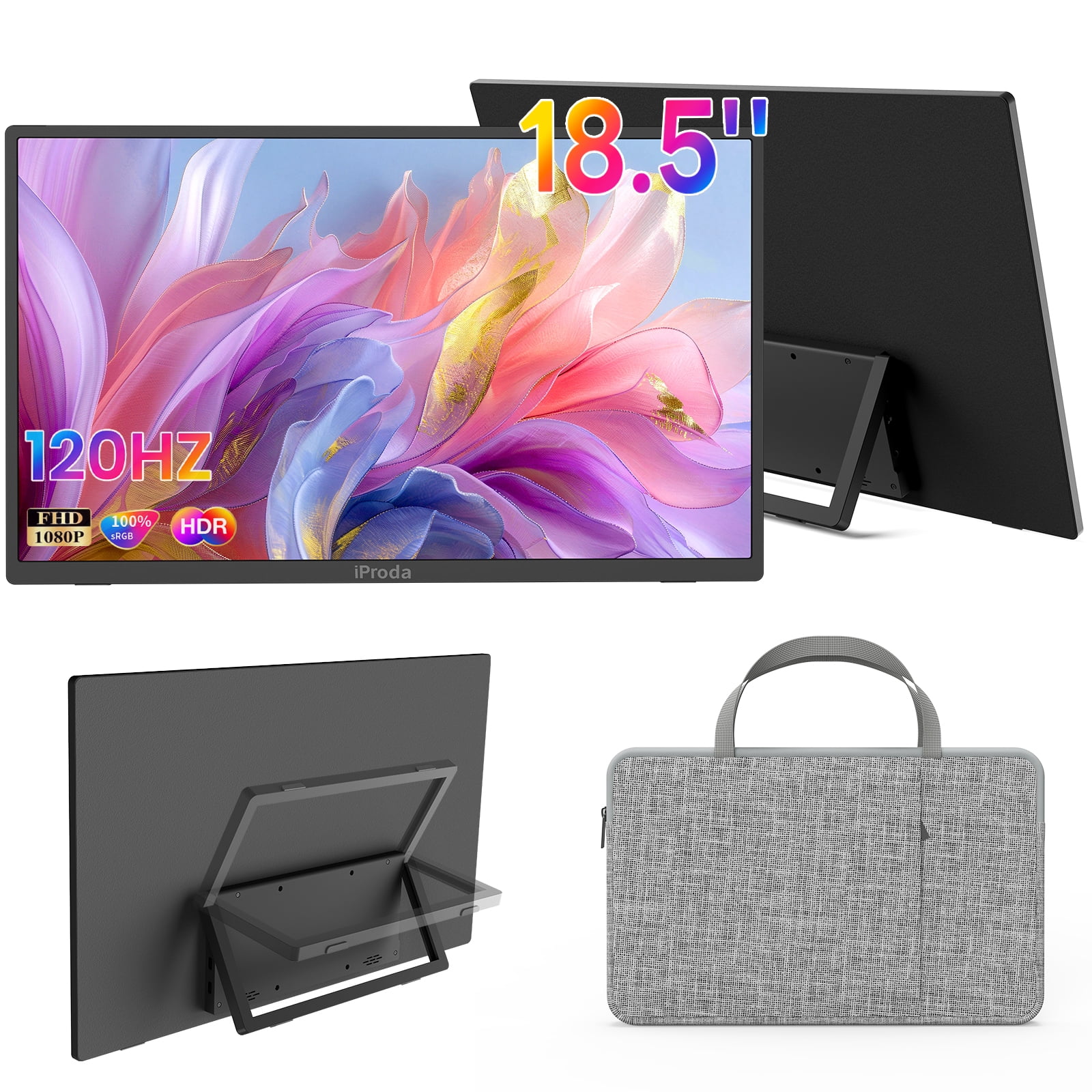 Monitor portátil de 18.5 pulgadas con estuche de viaje, puerto USB-C a HDMI, frecuencia de actualización de 120Hz. Adecuado como segundo monitor para laptops/PCs/Macs/PS5s/PS4s/Switch y otros dispositivos. Soporta montaje VESA en pared.