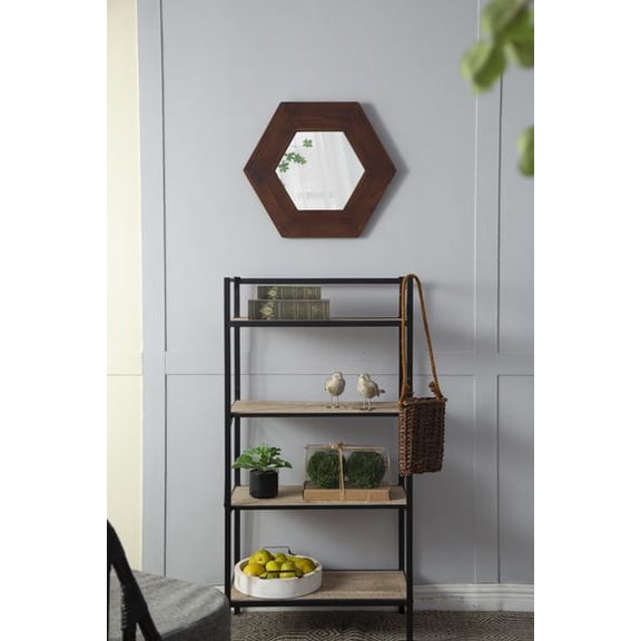 18.5" x 18.5" Hexagon Mirror with Solid Wood Frame, Wall Decor for Living Room Bathroom Hallway, Dark Brown