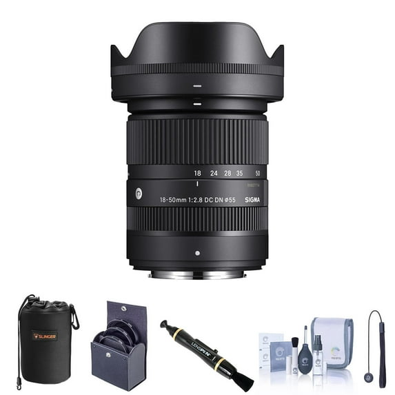 18-50mm f/2.8 DC DN Contemporary Lens for Fujifilm X Bundle with 55mm Filter Kit, Lens Pouch, Lens Cleaner, Cleaning Kit, Lens Cap Tether