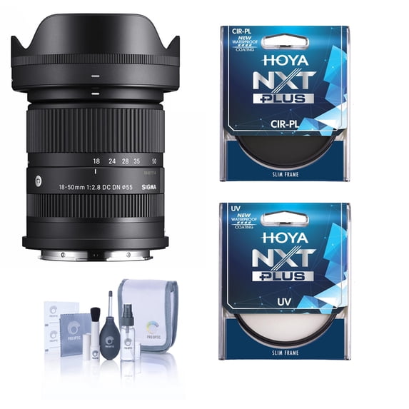 Sigma 18-50mm f/2.8 DC DN Contemporary Lens for L Mount, Bundle with Hoya NXT Plus 55mm UV+CPL Filter Kit and Cleaning Kit