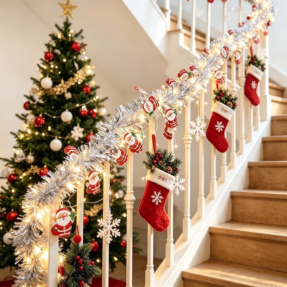 18.5ft Pre-Lit LED Christmas Garland with Silver Santa Ornaments, Artificial Pine Garland, Indoor Outdoor Holiday Decor for Mantel Staircase Door Frame Balcony