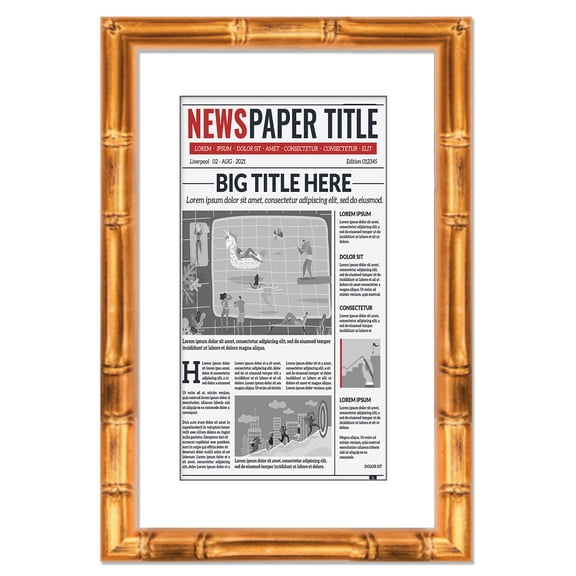 18.5x12.5 Newspaper Frame With Mat Solid Wood - Matte Gold Bamboo Finish - Matches Any Decor - Size