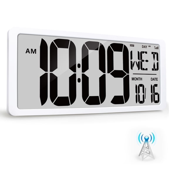 18.6" Atomic Battery Operated Digital Wall Clock with Day Date Temperature Display