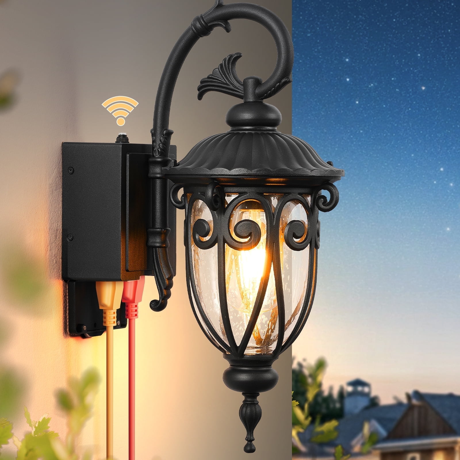 OPAXIS 18.6" H Porch Lights with Outlet, Dusk to Dawn Outside Lights for House, Waterproof Exterior Lighting Fixtures Wall Mount with GFCI Outlet, Black Front Door Light with GFCI Outlet for Garage