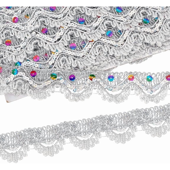 18.6 Yards Shiny Sequins Lace Trim 2 Roll 1.4 inch Wide Silver Metallic Braid Woven Lace Trim Polyester Sequins Woven Lace Ribbon for Sewing Crafts Clothing Curtains Home DIY Decoration GoldenDIY