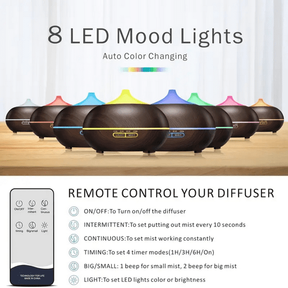 18.6oz Ultrasonic Essential Oil Diffuser & Humidifier  8 LED Mood Lights  4 Timer Settings  Auto Shut-Off for Large Rooms  Aromatherapy