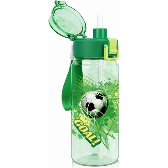 18.6oz Water Bottle with Straw for School Travel, Tritan , Water Bottle with Handle, Pop-Up Spout Cover, Leak-Proof, Dishwasher Safe, Football
