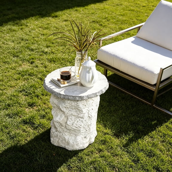 18.7" Outdoor Side Table for Patio, Off White Outdoor Accent Table, Patio Side Table for Porch, Poolside, Backyard, Small Concrete End Table for Outside, Drum Table, Plant Stand
