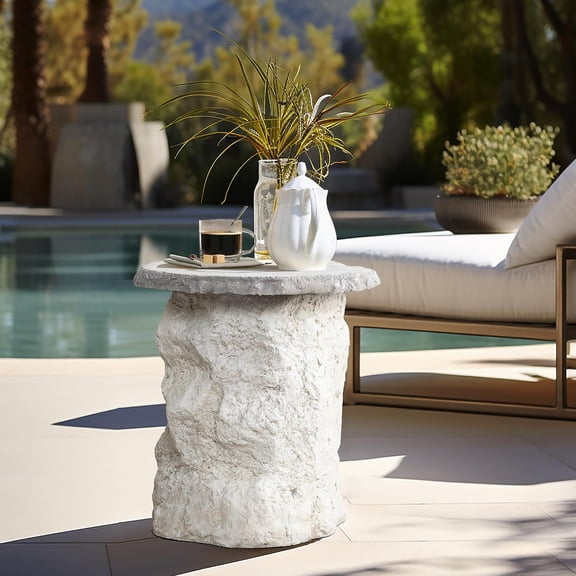 18.7" Outdoor Side Tables for Patio, Off White Outdoor Accent Table, MgO Patio Side Table for Porch, Poolside, Backyard, Small Concrete End Tables for Outside, Drum Table, Plant Stand