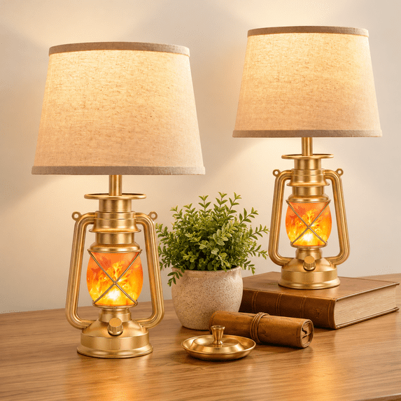 18.72" Antique Led Lantern Flickering Table Lamps For Bedrooms Set Of 2 ...