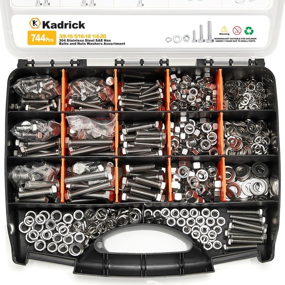 18-8(304) Stainless Steel Hex Bolts Assortment,1/4-20 5/16-18 3/8-16 Heavy Duty Bolts and Nuts Kit, Assorted SAE Bolts Nuts Flat&Lock Washers,Lenth Form 1/2''-2''