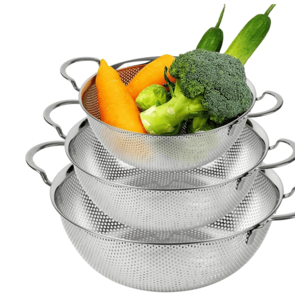 18/8 304 Stainless Steel Set of 3 Micro-Perforated Strainers with Handles, Self-Draining Base for Pasta Vegetables Fruit, Heavy Duty (4, 6, 8 Qt)