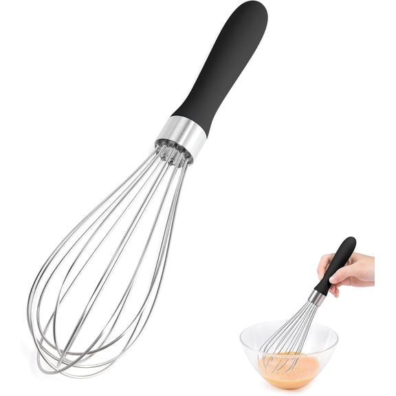 18/8 Stainless Steel Balloon Whisk, Kitchen Whisk for Cooking Handheld Egg Beater with Rust-Proof Sturdy Wires & Non-Slip Silicone Handle for Beating, Stirring, Blending (6 Wires, Black)