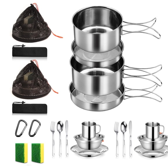 18/8 Stainless Steel Camping Cookware Set  11 Piece Outdoor Cooking and Mess Kit Bundle for Two
