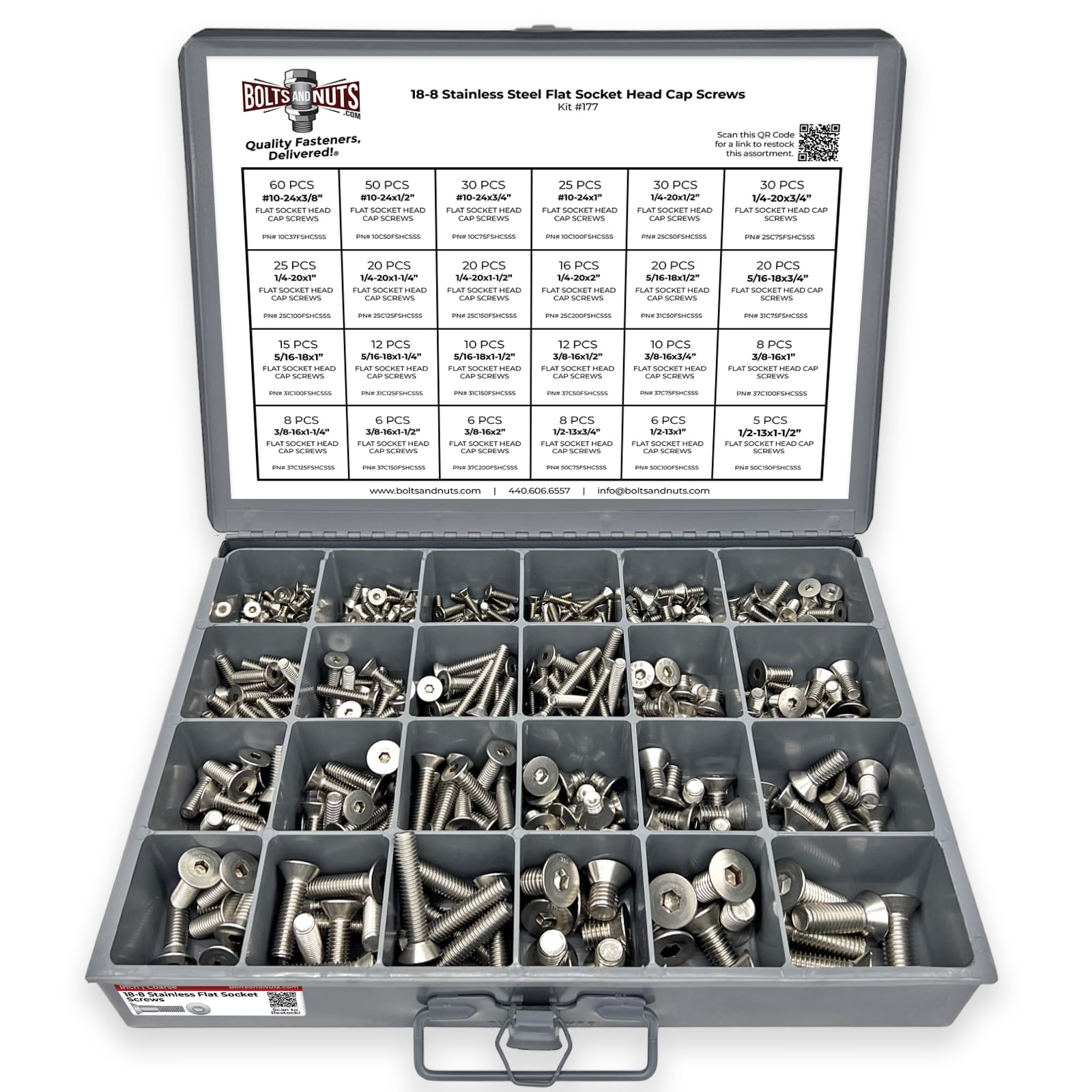 18-8 Stainless Steel Flat Socket Head Cap Screws Assortment - 453 Pieces