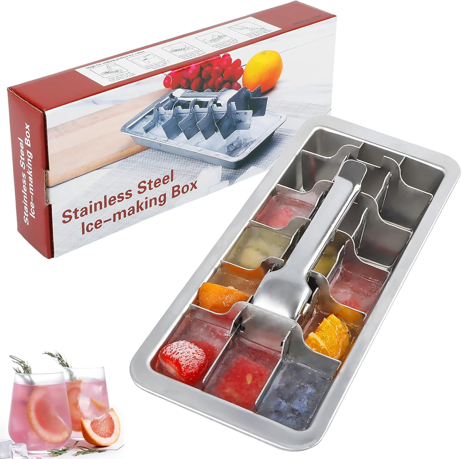 18/8 Stainless Steel Ice Cube Tray, 18 Slot Ice Tray with Easy Release Handle for Making Various Ice Cubes and Frozen Foods, Removable Slots for Easy Ice Cube Removal and Cleaning