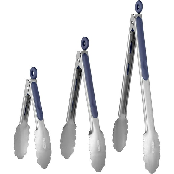 18/8 Stainless Steel Kitchen Tongs: U-Taste 7+9+12 inch Heat Resistant Cooking Tong with Sturdy Metal Tips & Non Slip Silicone Handle & Smooth Locking for Serving BBQ (Set of 3, Blue)