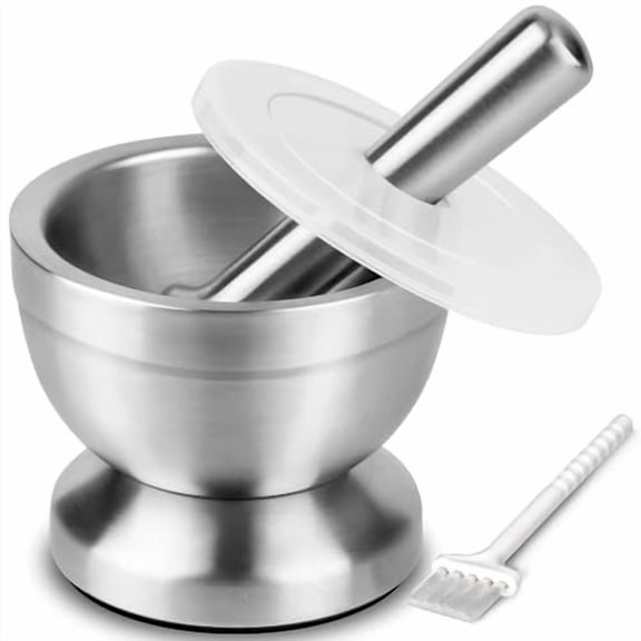 18/8 Stainless Steel Mortar and Pestle with Brush Spice Grinder Pill Crusher Herb Bowl Pesto Powder 1.5 Cup 350ml