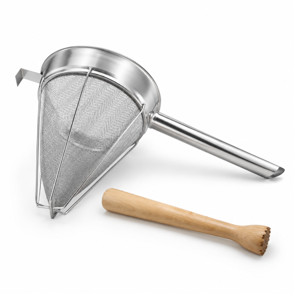 18/8 Stainless Steel Reinforced Chinois Strainer with Wooden Masher for Soups, Sauces, and Purees