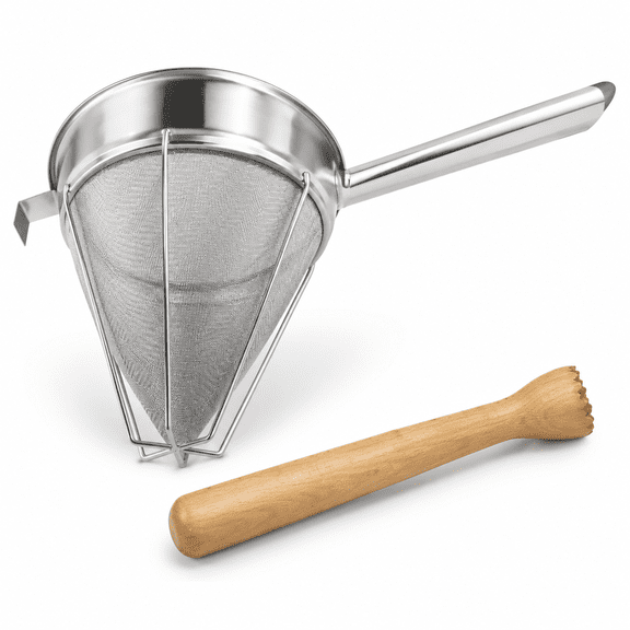 18/8 Stainless Steel Reinforced Chinois Strainer with Wooden Masher