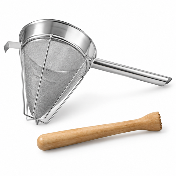 18/8 Stainless Steel Reinforced Chinois Strainer with Wooden Masher