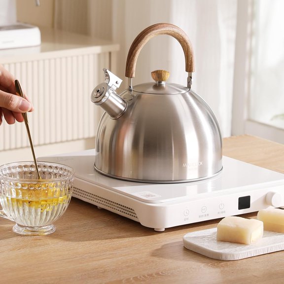 18/8 Stainless Steel Whistling Tea Kettle for Stovetop, 5L Large Capacity Wood Handle Water Boiler for Gas Induction Camping