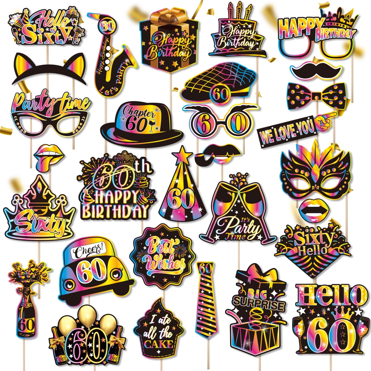 18-80th Birthday Photo Booth Props for Women & Men, 30Pcs Black Gold
