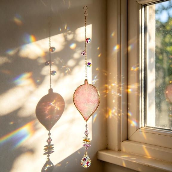 18.89in Resin Leaf Crystal Suncatcher Dreamlight Drop Leaf Shape Hanging Pendant Rainbow Maker Prism Light Catcher for Window Garden Porch Home Decor