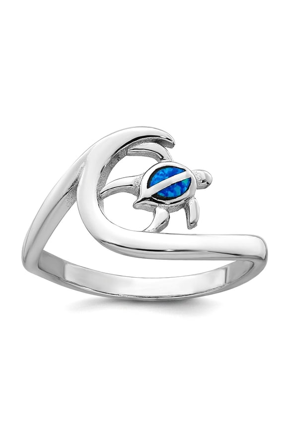 18.8mm 925 Sterling Silver Rhodium Plated Polished Blue Simulated Opal Turtle Wave Ring Size 8 Ring for Women