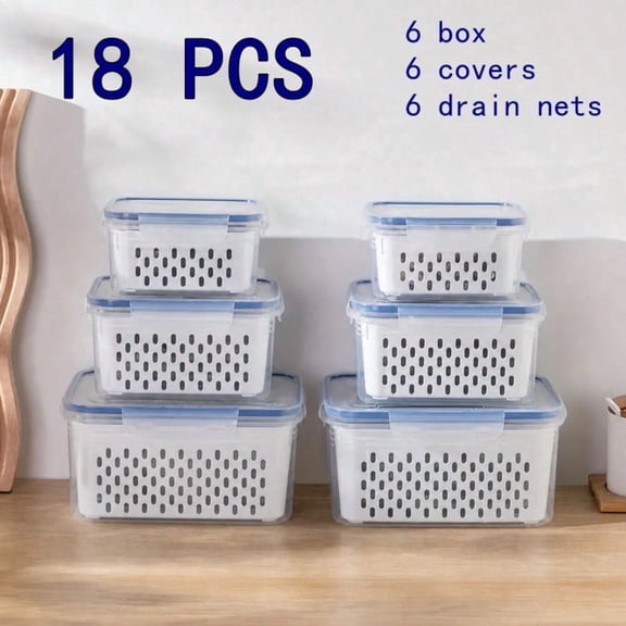 18/9/6Piece Refrigerator Food Storage Containers with Drain Baskets & Lids, Household Airtight FreshKeeping Produce Organizer Boxes with Drain Nets for Fruits and Vegetables