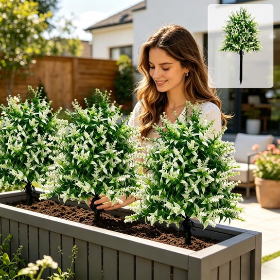 18.9" Artificial Lavender Flowers Topiary Ball Trees, Fake Shrubs Bushes with Ground Spike, UV Resistant Faux Evergreen Tree for Front Porch Outdoor Garden Decor