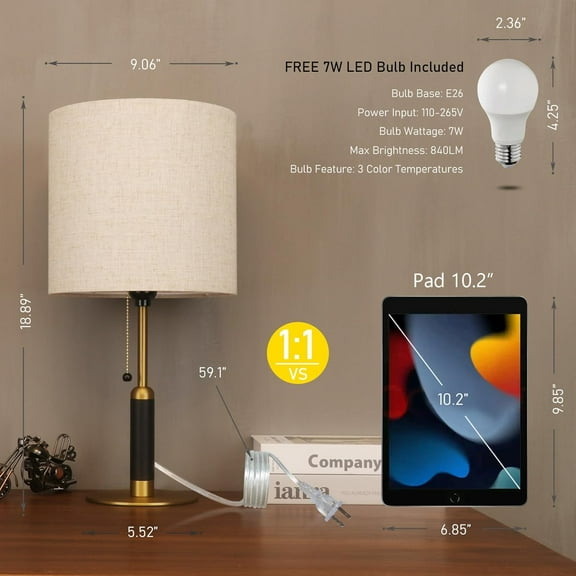 18.9" Bedside Table Lamp for Nightstand - 3-Color Temperatures, Wood Fabric Pull Chain Switch, Light Brown+Brass