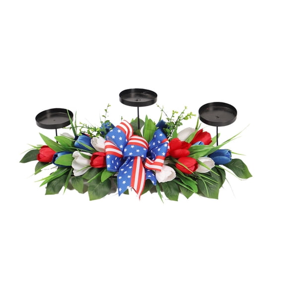 18.9" Big 250th Anniversary Patriotic Table Centerpiece Decor, 4th of July Candle Holder with American Flag Bowknot, Red White and Blue Artificial Flower Wreath Ring USA  American for Memorial Day