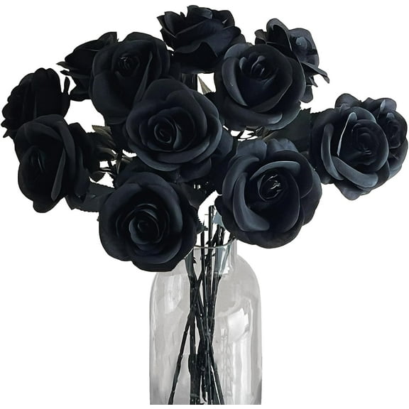 18.9'' Fake Roses 12PCS Single Stem Roses Artificial Flowers Silk Flowers for Home Table Party Gothic Wedding Craft Festivals Halloween Decor (Black)