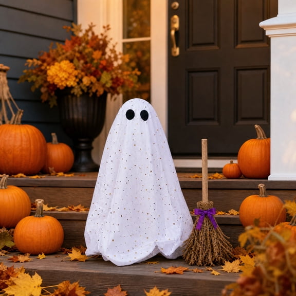 18.9" Halloween Standing Ghost Decor with Broom Gold Dot Fabric Ghost Decorative Halloween Decorations Outdoor Indoor for Front Porch Yard Lawn