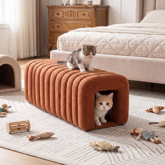 18.9" Modular Teddy Fleece Ottoman Stool 2 Pack Connectable Set, Pet Tunnel Footrest Bench for Cat Small Dog, Brown Combo