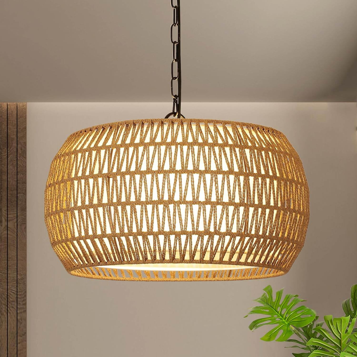 18.9" Rattan Farmhouse Chandelier - 5-Light Boho Pendant Light with Adjustable Height (18.9"W x 9.8"H)